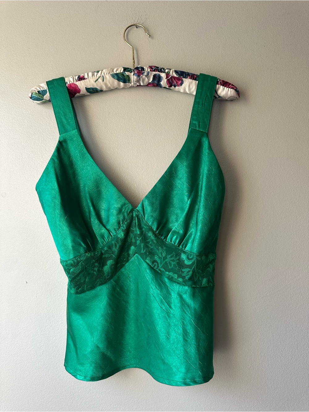 Green Satin V-Neck Lace-Trim Camisole